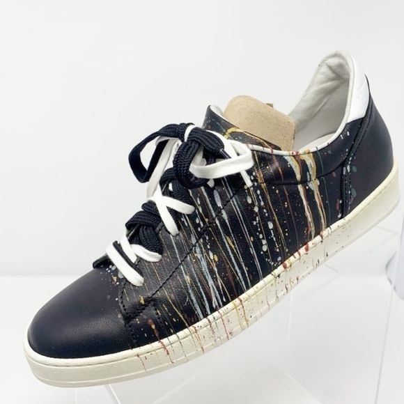 Steve Madden Black Leather Spritzz Artistic Rainbow Splashed Sneakers Size 11 - Picture 1 of 12